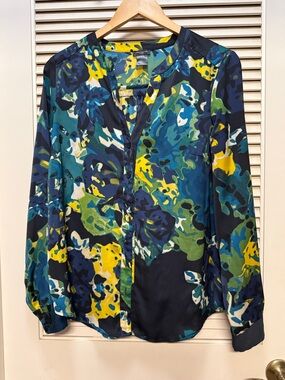 Ann Taylor Floral V-Neck Blouse - Navy, Green & Yellow